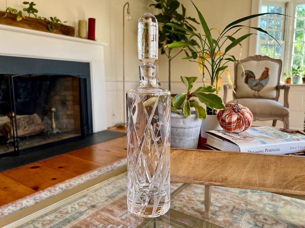 Vintage Etched Crystal Decanter Floral Design Tall Round Barware with Stopper